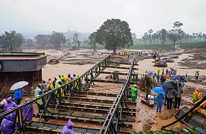 PTI : A Bailey bridge being constructed after landslides triggered by heavy rain at Chooralmala, in Wayanad district, Wednesday, July 31, 2024.